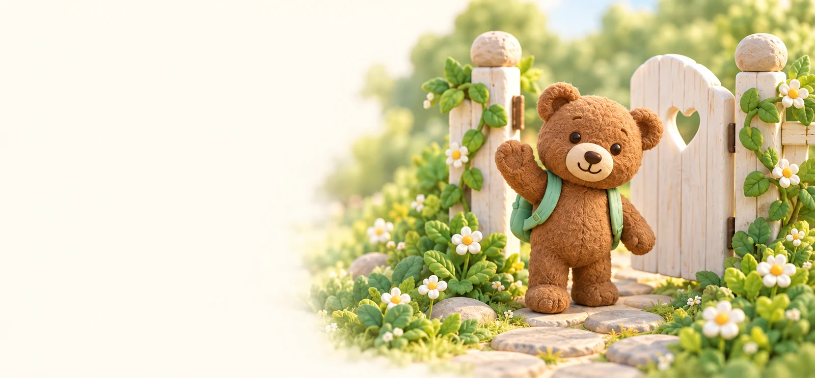 A friendly bear welcomes children to a learning garden